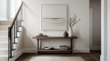 Poster - Detailed view of a minimalistic entryway with a sleek console table, simple decor, and a calm, neutral color scheme, emphasizing the home's clean design.