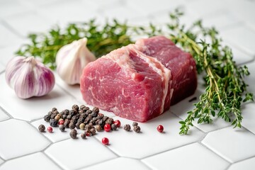 Wall Mural - Raw beef fillet with garlic, thyme and peppercorns ready for cooking