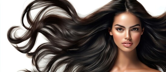 Wall Mural - Lush dark brown hair flowing elegantly around a young woman's face, featuring soft skin tones and a clean white background for striking contrast.