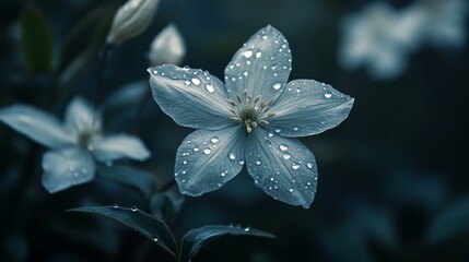 Poster - High-resolution view of a flower with dew drops on its petals, featuring a soft focus on the droplets to emphasize their sparkling and fresh appearance.