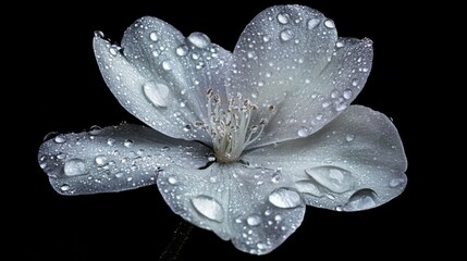 Poster - High-resolution view of a flower with dew drops on its petals, featuring a soft focus on the droplets to emphasize their sparkling and fresh appearance.