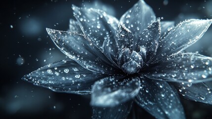 Poster - High-resolution view of a flower with dew drops on its petals, featuring a soft focus on the droplets to emphasize their sparkling and fresh appearance.