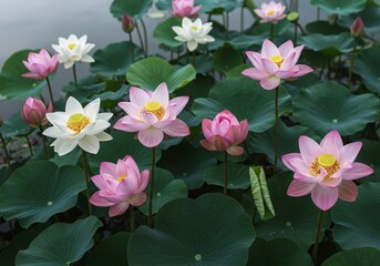 lotus flowers in various shades of pink and white, blossoming beautifully amidst their large, green leaves