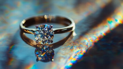 Poster - Macro shot of a diamond ring on a reflective surface, with light creating rainbow effects
