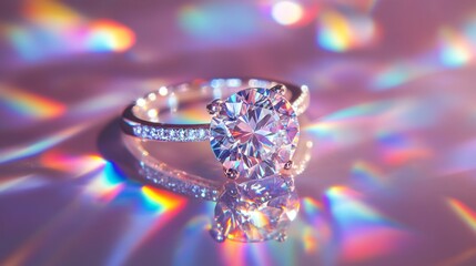 Poster - Macro shot of a diamond ring on a reflective surface, with light creating rainbow effects