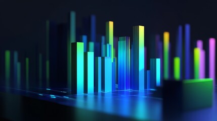 Poster - Vibrant D bar chart in blue and green, with a digital interface overlay, set against a dark background