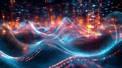 Poster - Visualization of electric waves coursing through a futuristic power grid, illustrating the concept of smart cities and renewable energy systems.