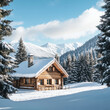 © CaptureCollabStudios - Snow-covered log cabin nestled in a serene winter landscape with mountains and trees during bright daylight