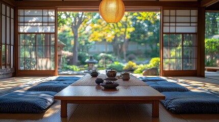 Wall Mural - Japanese room with tea set, garden view, for relaxation, or home design