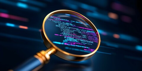 A magnifying glass focusing on lines of colorful code against a dark background, representing programming or software development. Concept Coding Visualization, Software Development, Colorful Code