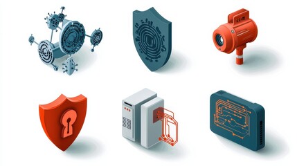 Poster - Securing the digital frontier icons of six cybersecurity elements with shield lock standards