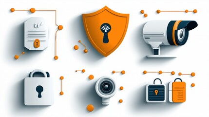 Poster - Enhancing digital safety six security icons featuring shield lock with keyhole in modern digital environment for visual security standards