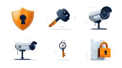 Aufkleber - Enhancing security with six essential icons shield with keyhole surveillance cameras and locks in a digital environment