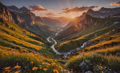 Fototapete - A beautiful mountain valley with a river running through it. The sun is setting, casting a warm glow over the landscape. The scene is serene and peaceful, with the mountains and river creating a sense