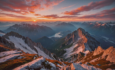 Fototapete - The mountains are covered in snow and the sun is setting in the distance. The sky is a mix of orange and pink hues, creating a serene and peaceful atmosphere