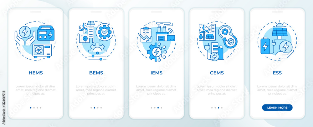EMS types blue onboarding mobile app screen. Consumption control ...