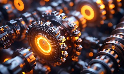Fototapete - Glowing gears, intricate mechanism, factory, energy