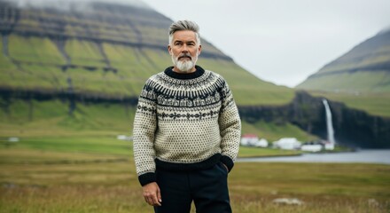 mature caucasian man in nordic sweater standing in scenic landscape with waterfall