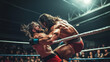 © Photo by mQ - A close-up of two professional wrestlers in action, with one lifting the other for a suplex. The tight ring ropes and an engaged crowd in the background add intensity to the moment.