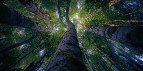 Wall Mural - A tree with a trunk that is very tall and has a lot of leaves. The leaves are green and the tree is in a forest