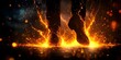 © Yan - A person is stepping on a surface that erupts with bright orange sparks and glowing particles, creating a dynamic visual effect. Concept Dynamic Visual Effects, Bright Orange Sparks