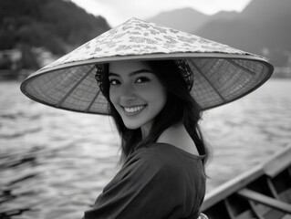 Canvas Print - A woman wearing a straw hat is smiling at the camera. The hat is a traditional Asian style and the woman is posing for a photo. Scene is lighthearted and cheerful, as the woman is enjoying herself