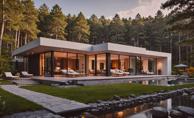 Poster - A large house with a pool and a walkway in front of it. The house is surrounded by trees and has a modern design