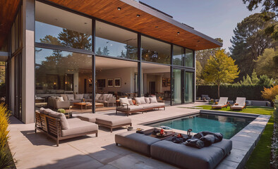 Poster - A large house with a pool and a large open living room. The house is surrounded by trees and has a lot of natural light coming in through the windows. Scene is peaceful and relaxing