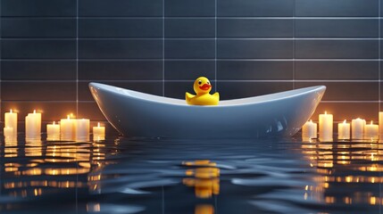 Wall Mural - Relaxing Bath Scene with Rubber Duck and Soft Candlelight Ambiance