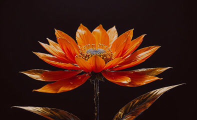 Poster - A gold and orange flower is the main focus of the image. The flower is surrounded by a dark background, which creates a sense of contrast and draws attention to the flower. The flower appears to be in