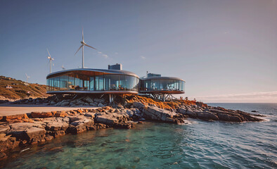 Poster - A large building with a lot of windows and a wind turbine on top. The building is on a rocky shoreline next to the ocean