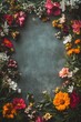 © vefimov - A colorful flower arrangement is framed by a gray background. The flowers are arranged in a circular pattern, with some overlapping and others standing alone. Scene is cheerful and vibrant