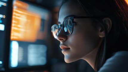 Woman focused on a computer screen with code reflecting on her glasses