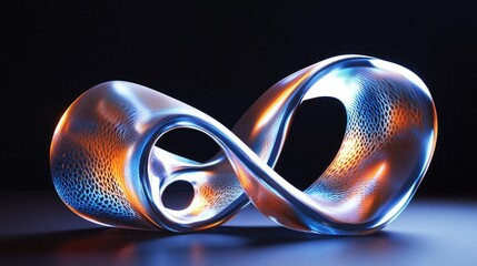 Wall Mural - A twisted, curved, and reflective object with a blue and orange hue. The object appears to be a piece of art or a sculpture