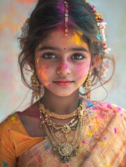 Wall Mural - A young girl wearing a gold necklace and a gold headband is standing in front of a wall