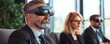 © CassiOpeiaZz - A group of professionals wearing VR headsets in a modern office setting, engaged in virtual reality experiences for business or training purposes.