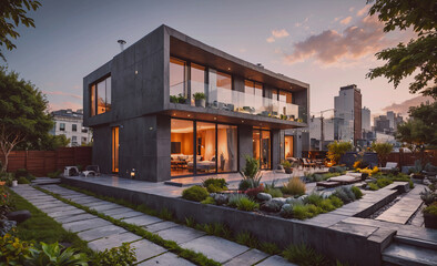 Poster - A large house with a large yard and a pool. The house is surrounded by trees and has a modern design