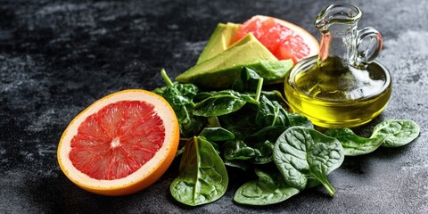 Sticker - A bunch of spinach, a grapefruit, and an avocado are on a table. A bottle of olive oil is also on the table