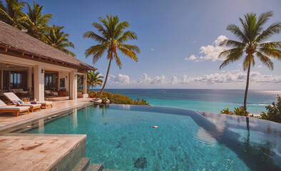 Fototapete - A large pool with a beach view and palm trees in the background. The pool is surrounded by a white house with a balcony overlooking the ocean