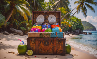 Fototapete - A wooden chest is on the beach with a bunch of colorful bottles and coconuts. The bottles are of different colors and sizes, and the coconuts are green. The scene has a tropical vibe