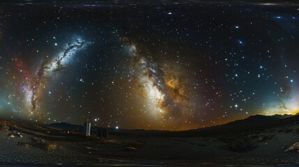 Wall Mural - a panoramic view of the night sky with a bright orange and yellow star cluster in the center