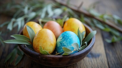 Wall Mural - A wooden bowl filled with eggs of different colors. The bowl is placed on a wooden table. The eggs are arranged in a way that they look like they are ready to be eaten