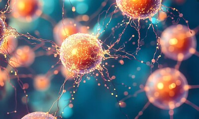 Poster - Glowing cells network, microscopic view, research, science background