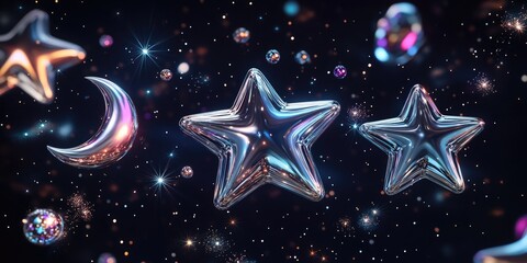 Wall Mural - A collection of stars and a crescent moon are floating in the sky. The stars are shining brightly and the moon is glowing in the background. The scene is peaceful and serene, evoking a sense of wonder
