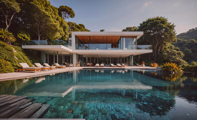 Poster - A large house with a pool and a large glass wall. The pool is surrounded by a deck with many lounge chairs. The house is situated on a hill with trees in the background