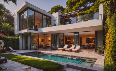 Poster - A large house with a pool and a patio. The house is white and has a lot of windows