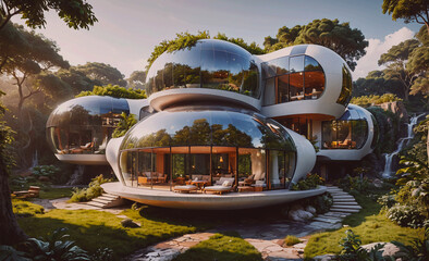 Poster - A large house with a pool and a waterfall in the background. The house is made of glass and has a lot of windows