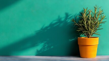 Wall Mural - A potted plant sitting on top of a wooden table next to a wall