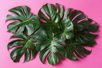 Wall Mural - A bunch of green leaves are arranged in a row on a pink background. The leaves are large and have a unique shape, giving the impression of a tropical plant. The pink background adds a pop of color