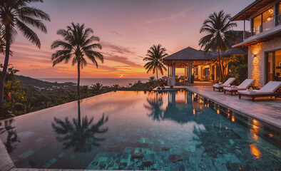 Fototapete - A beautiful pool with palm trees in the background. The pool is surrounded by white lounge chairs and a large house. The sun is setting, creating a warm and relaxing atmosphere